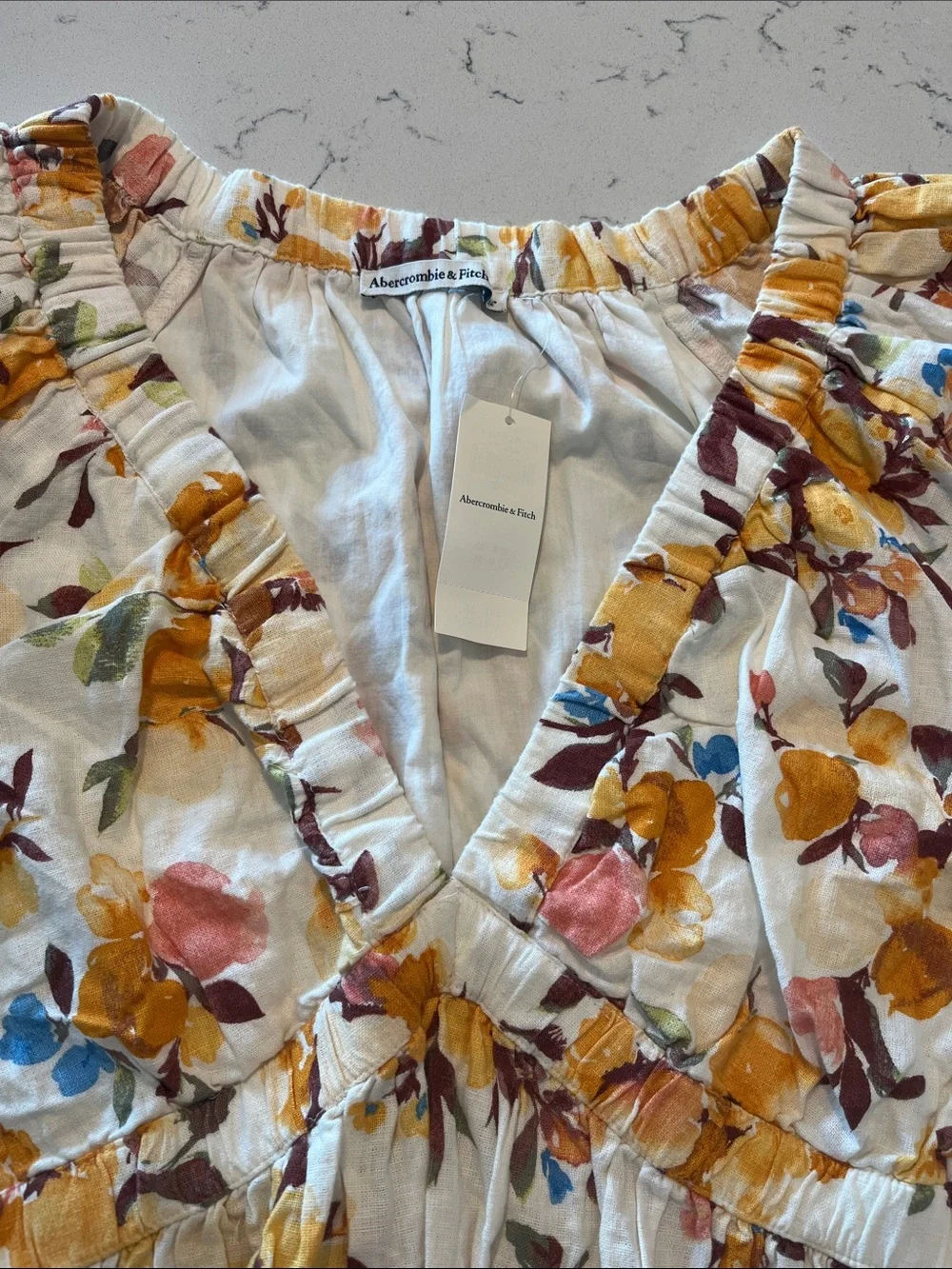Abercrombie & Fitch Floral Puff Sleeve Top in White and Mustard